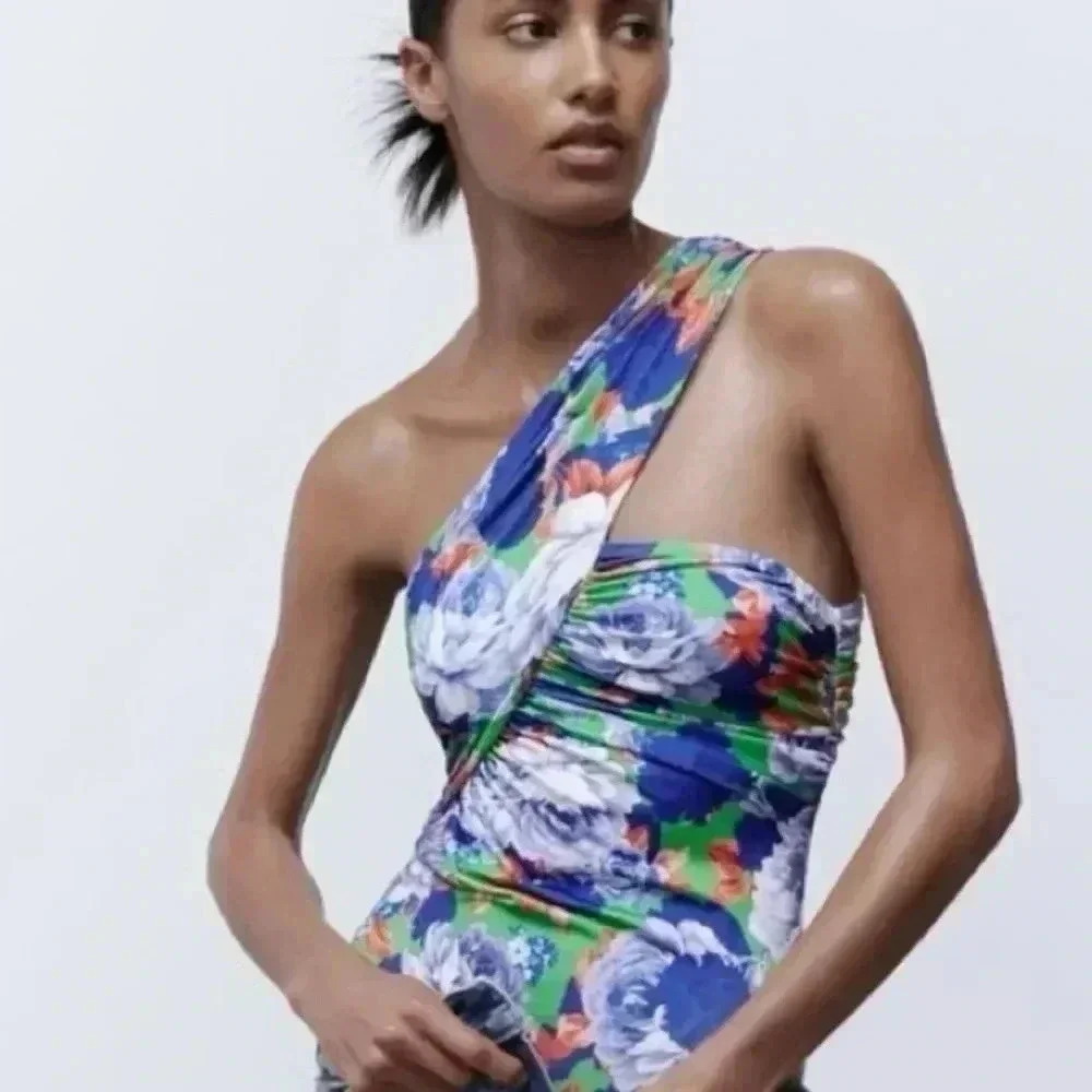 Zara NEW  printed asymmetrical bodysuit S
